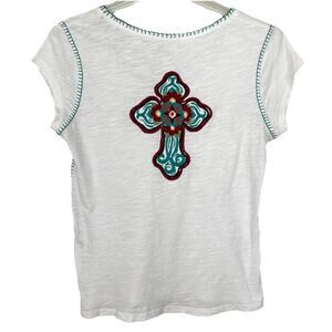 Ariat T-Shirt Top Women L White Embroidered Cross Blanket Stitched Western FLAW